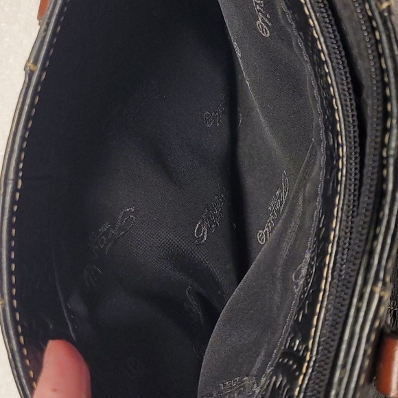 Fossil leather top handle tote bag. Black leather embossed / tooled with flowers - Picture 10 of 11